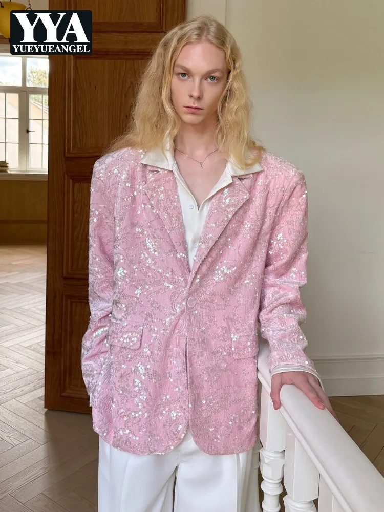 

Fashion Mens Pink Shiny Sequined Party Casual Blazer Jacket Loose Fit Stage Show Suit Coat Single Breasted Shoulder Pad Blazers