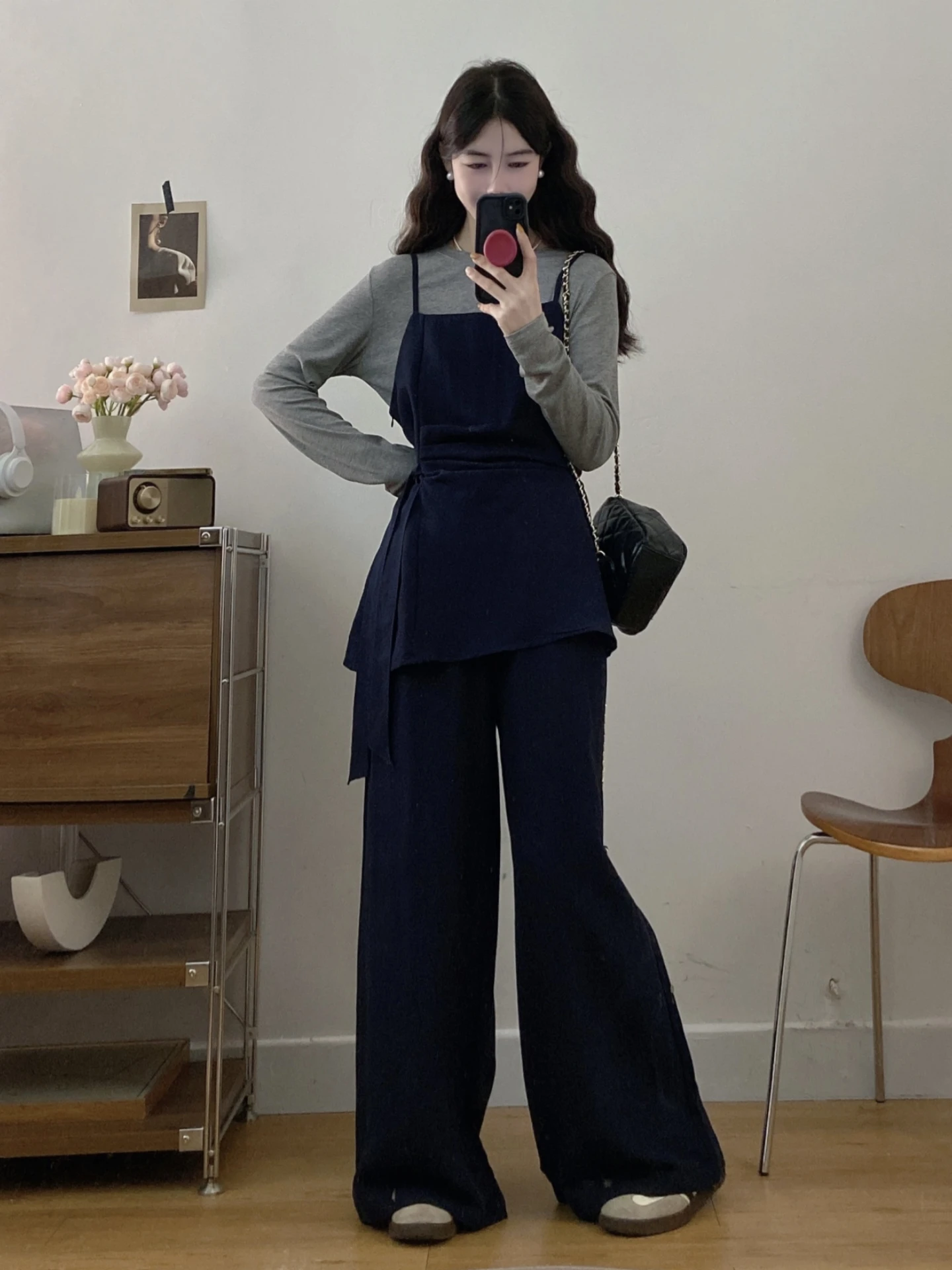 

Spring Early Women's plus Size Slimming Cover-Up Wide Leg Pants Three-Piece Set Comfortable Long Sleeve T-Shirt Vest Top