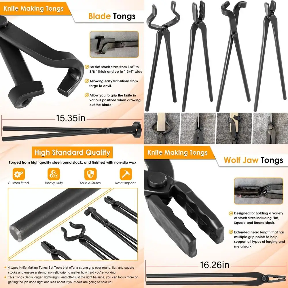 

Blacksmithing 4-Piece Tongs Set: Flat, Wolf Jaw, Blade, and V-Bit for Knife Making and Forging