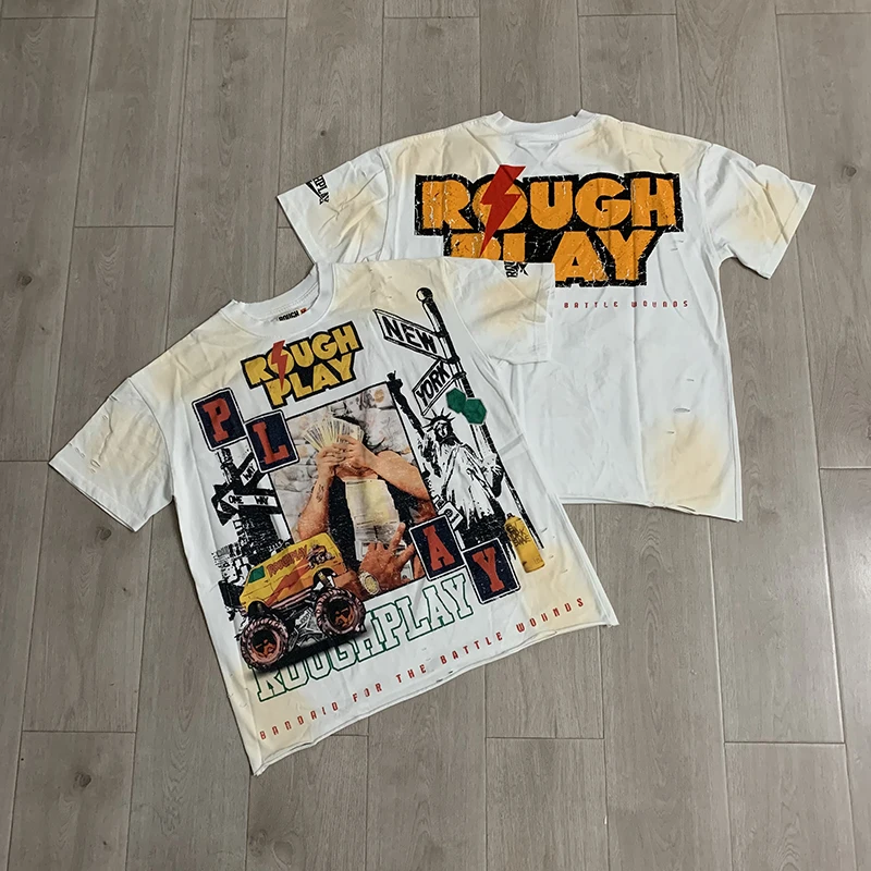Rough Play Unisex Distressed White Tee Retro City Collage Art Print Streetwear Short Sleeve Shirt