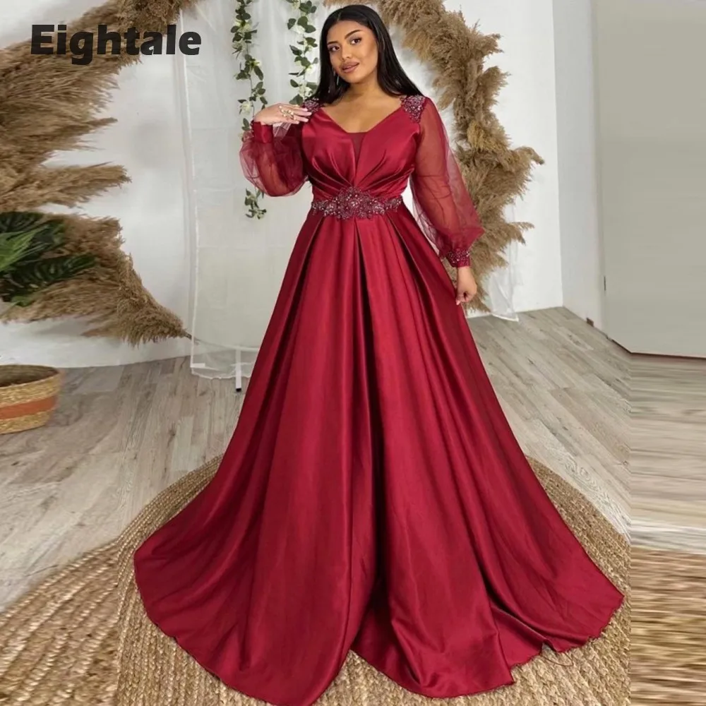 

Eightale Burgundy Evening Dresses for Wedding Satin V-Neck Appliques Beaded Prom Gowns Long Sleeves Party Dress robes de soirée