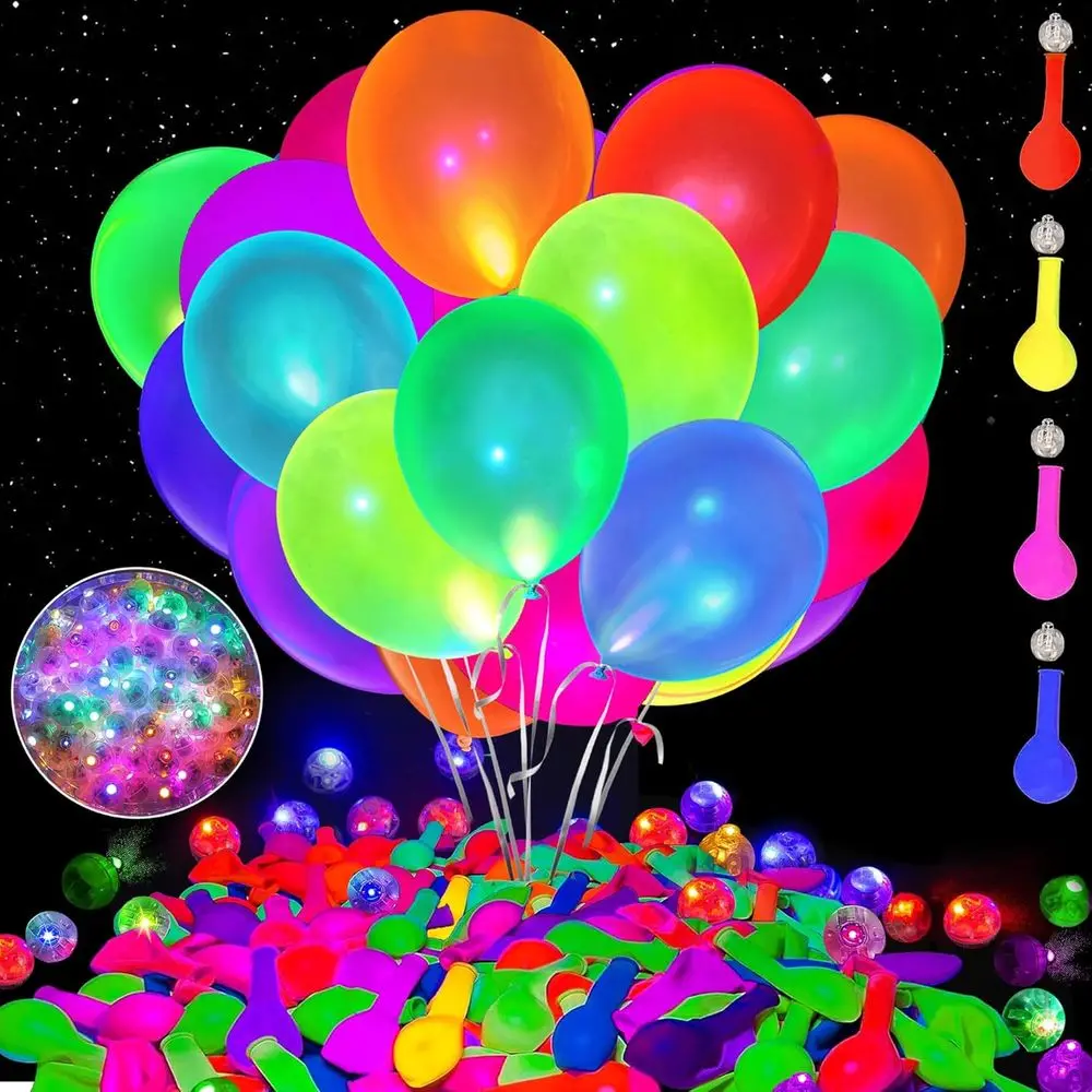 

Set of 100 LED Glow Balloons: 50 LED Mini Round Lights + 50 UV Neon for Parties & Weddings