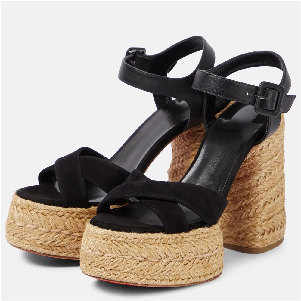 

Летние женские туфли с круглым носком, женские сандалии на платформе с открытым носком и пряжкой на щиколотке, соломенное плетение, пикантная женская обувь