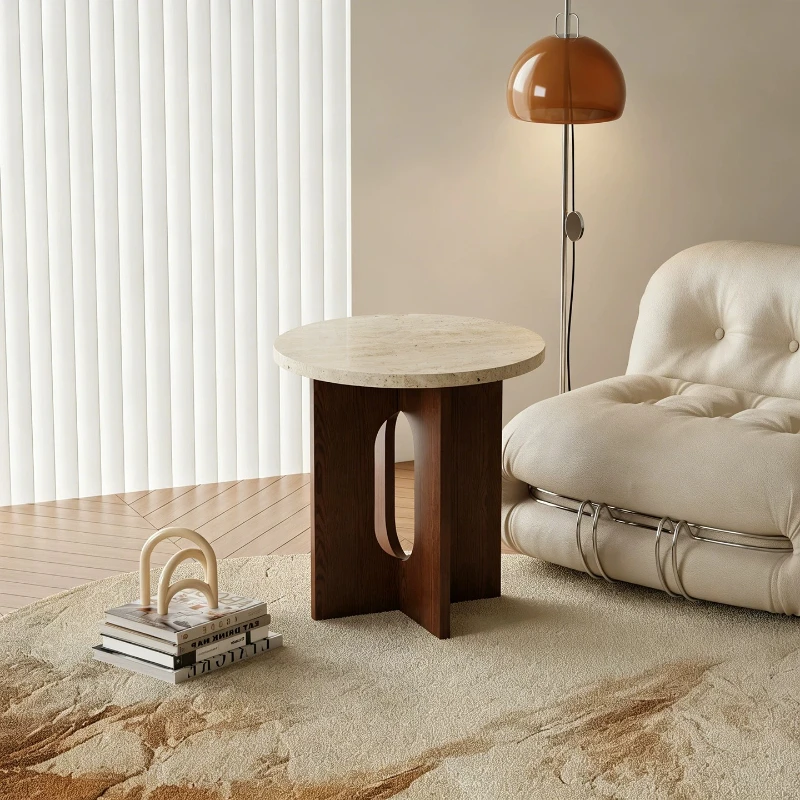 Mesa de centro redonda pequeña de madera maciza estilo rústico vintage para apartamento, mesa auxiliar de jardín, mueble de piedra para sala de estar