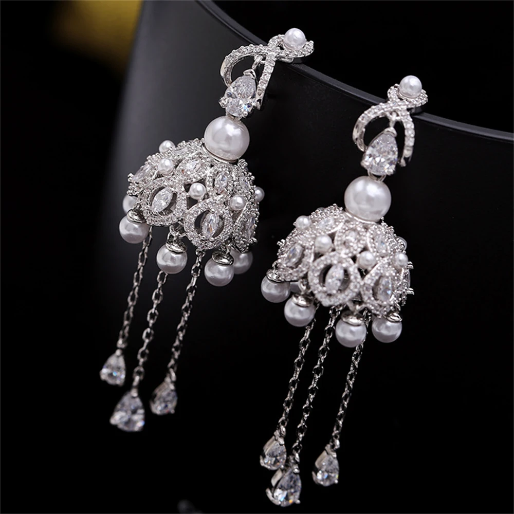 Women Exaggerated Golden Birdcage Cubic Zirconia Earrings Fashion Retro Luxury Lantern Zircon Tassel Wind Bell Party Jewelry