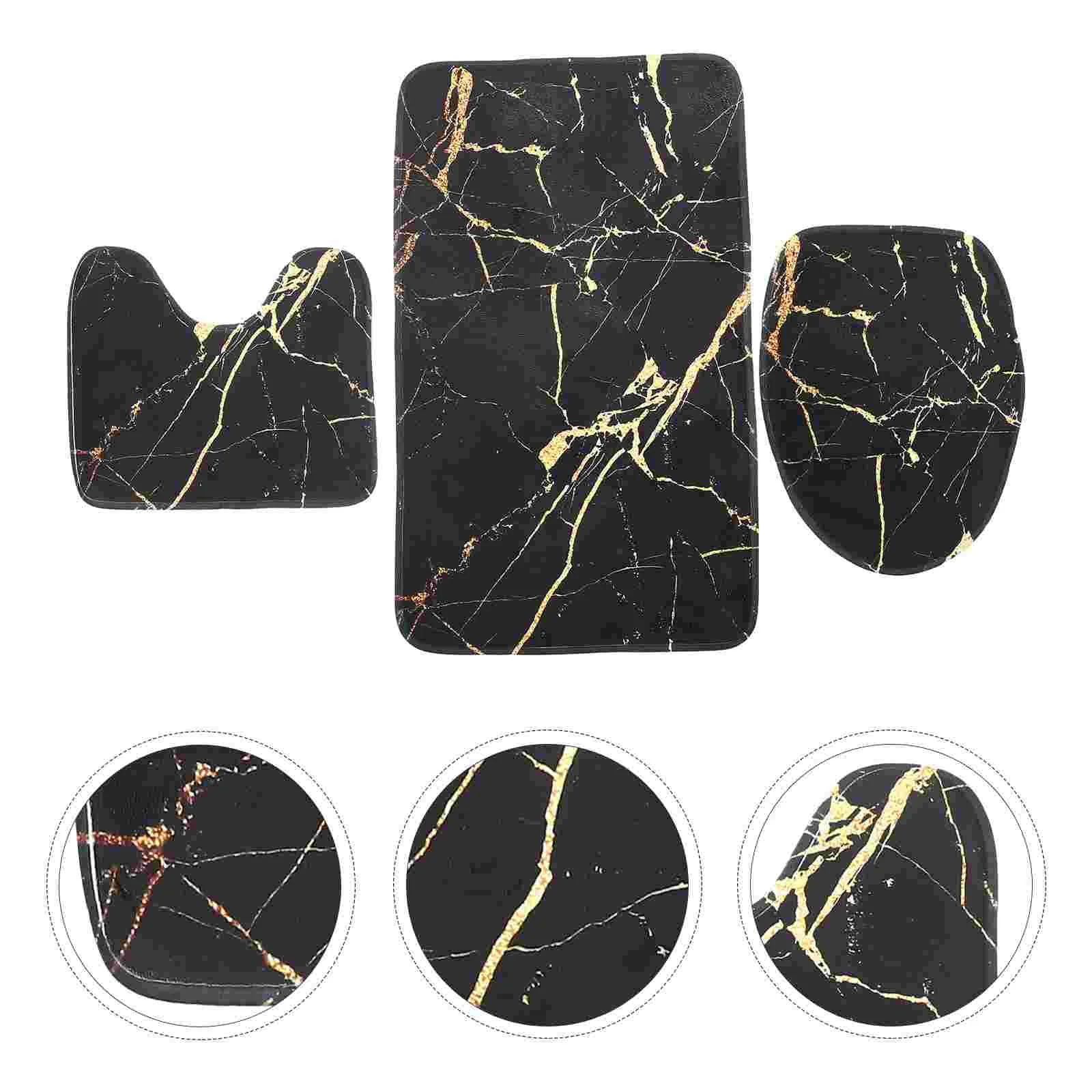 Black Marble Shower Curtain Set Toilet Lid Mat Portable Pad Adorable Ground Tank Cover Water Cushion Reusable Rug