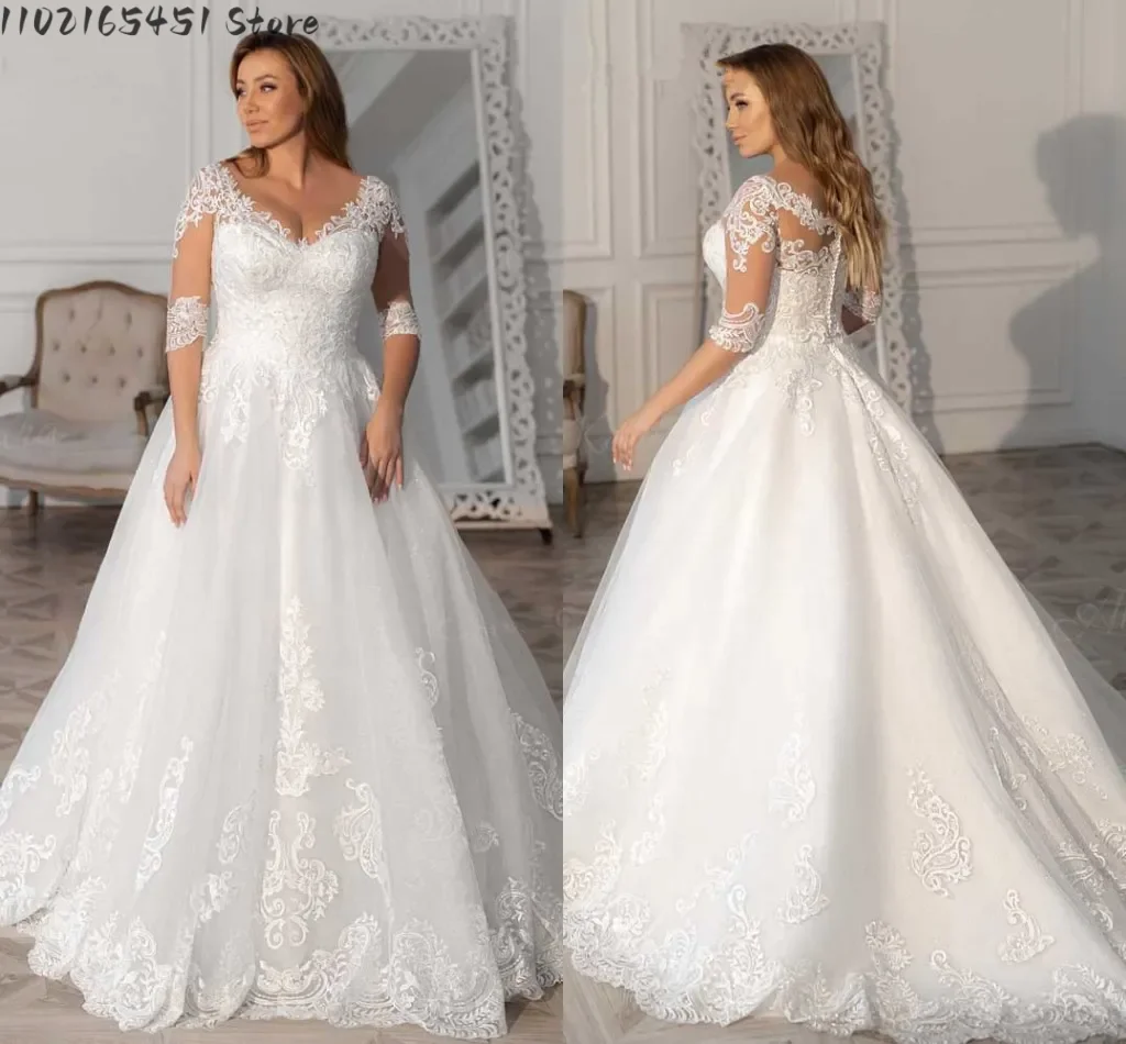 Elegant Wedding Dress Half Sleeve 2023 Lace Appliques A-Line Bridal Gown Princes Big Size Bride Dress Court Vestido De Novia