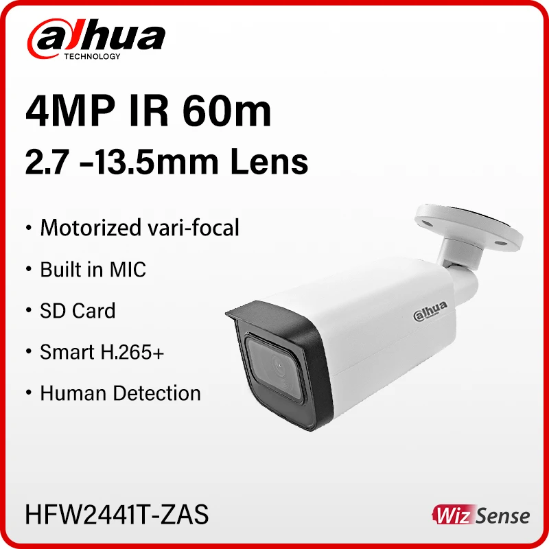 Dahua 4MP Bullet Motorized Zoom Camera Night IR 60m Human Detection Security Monitor With Alarm Audio Port IP67 HFW2441T-ZAS