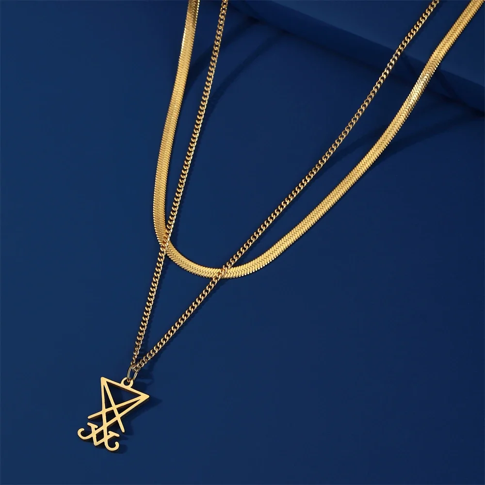 Skyrim Sigil Of Lucifer Pendant Necklace Stainless Steel Double Layer Snake Chain Amulet Jewelry for Women