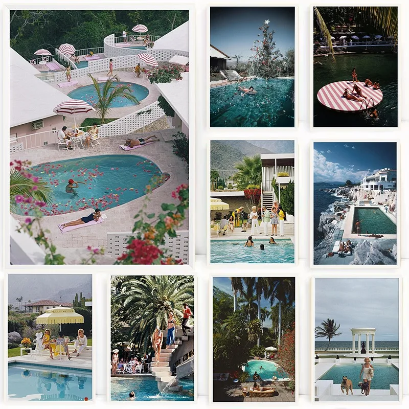 Póster de fiesta junto a la piscina de Slim Aarons, foto vintage de alta sociedad, pintura en lienzo, arte de pared, decoración del hogar para sala de estar, Mura