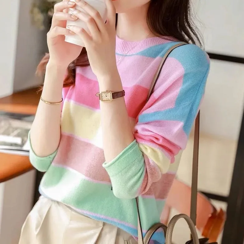 Rainbow Striped Round Neck Slim Sweet Korean Knitwear Women Casual Long Sleeve Pullover Tops Spring Autumn Chic Knitted Sweaters