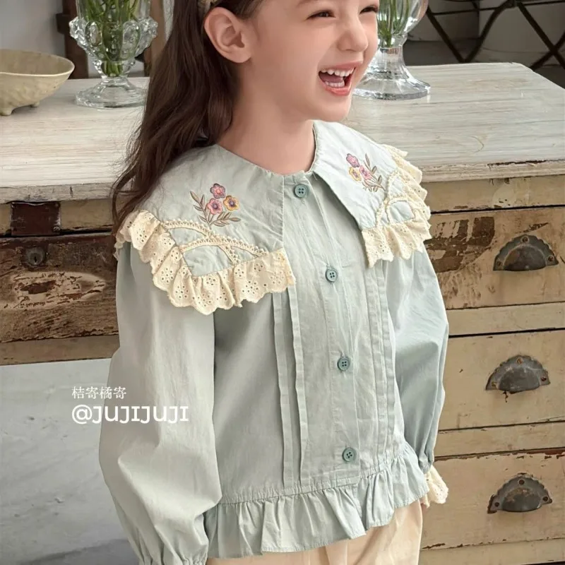 

New Korean Girls' Shirt for Spring and Autumn, Children's Doll Collar Top, Mid Size Children's Single Breasted Cardigan Jacket