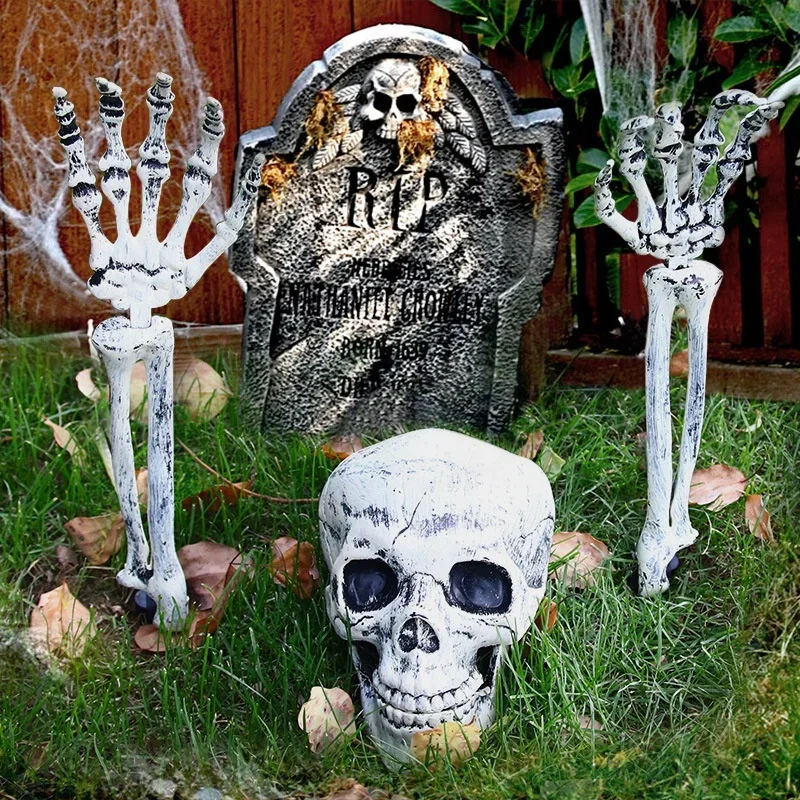 Halloween Realistic Skull Skeleton Head Human Hand Arms for Halloween Party Home Garden Lawn Decor Haunted House Horror Props