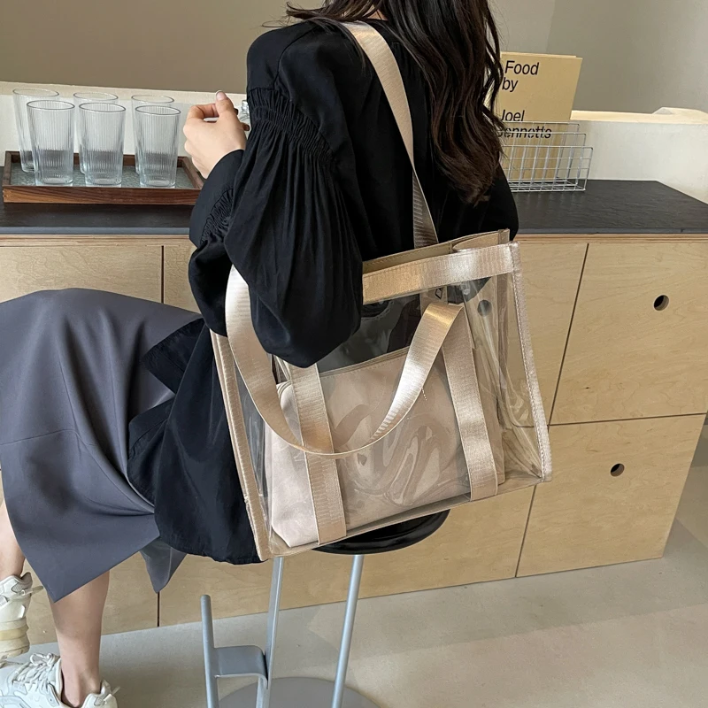 MOODS 2-IN-1 Shoulder Bag Set For Women PVC Transparent Waterproof Large Capacity Shopper Beach Totes 2024 Summer Latest Handbag