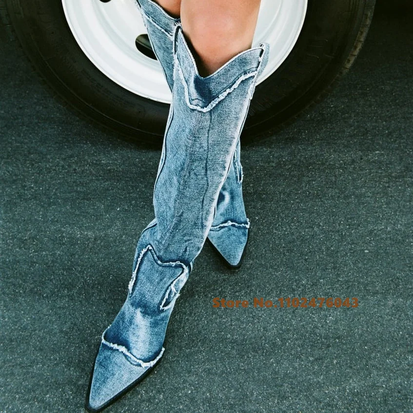 

Denim Western Knee Boots Women Trending Pointy Block Heel Retro Cowboy Shoes Ladies Irregular Splicing Streetwear Casual Boots