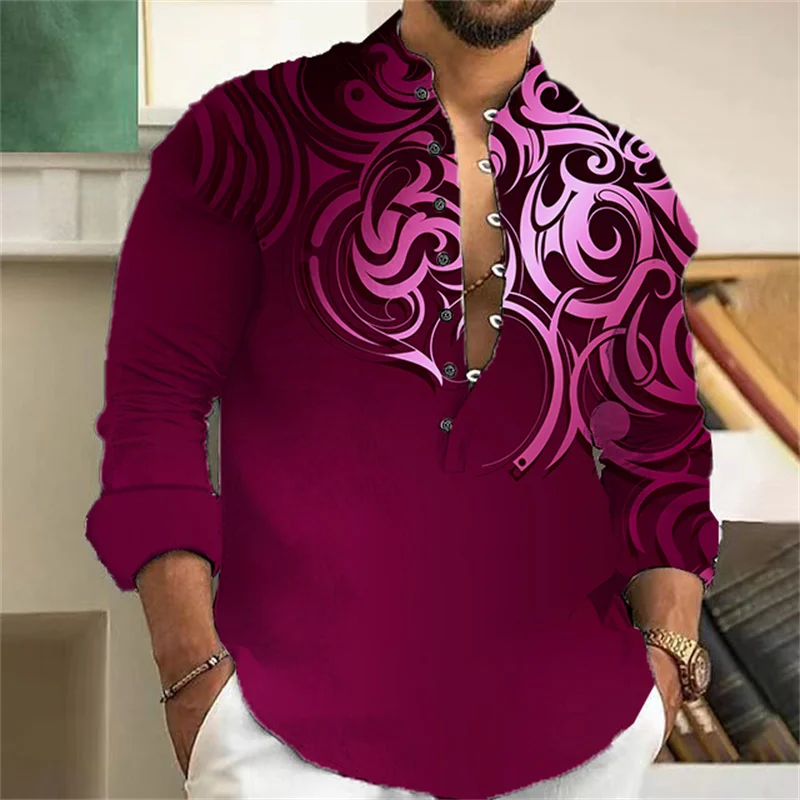 Men's shirt 3D totem print men's casual button long sleeved shirt men's spring and summer top men's 5XL size