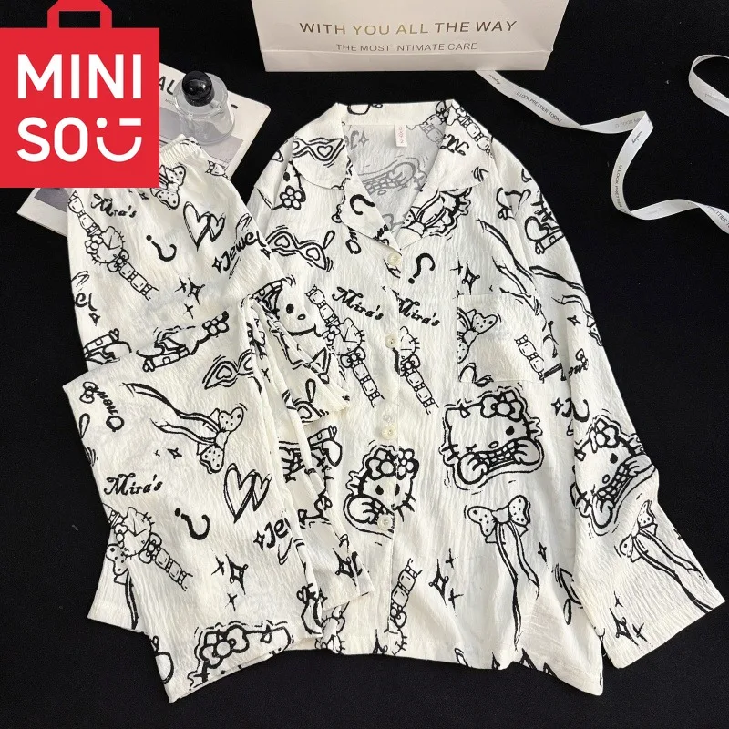 Harajuku نمط HelloKitty القوس طباعة منامة مجموعة للنساء الكرتون Kawaii التلبيب الرقبة ملابس النوم المتسكعون قطعتين مجموعة منامة