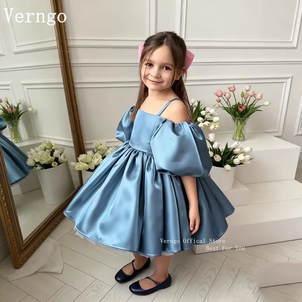 Verngo Blue Satin Mini Girl Flowers Dress Bow Sleeves Princess Birthday Party Dresses Pleated Kid Prom Gown Customized