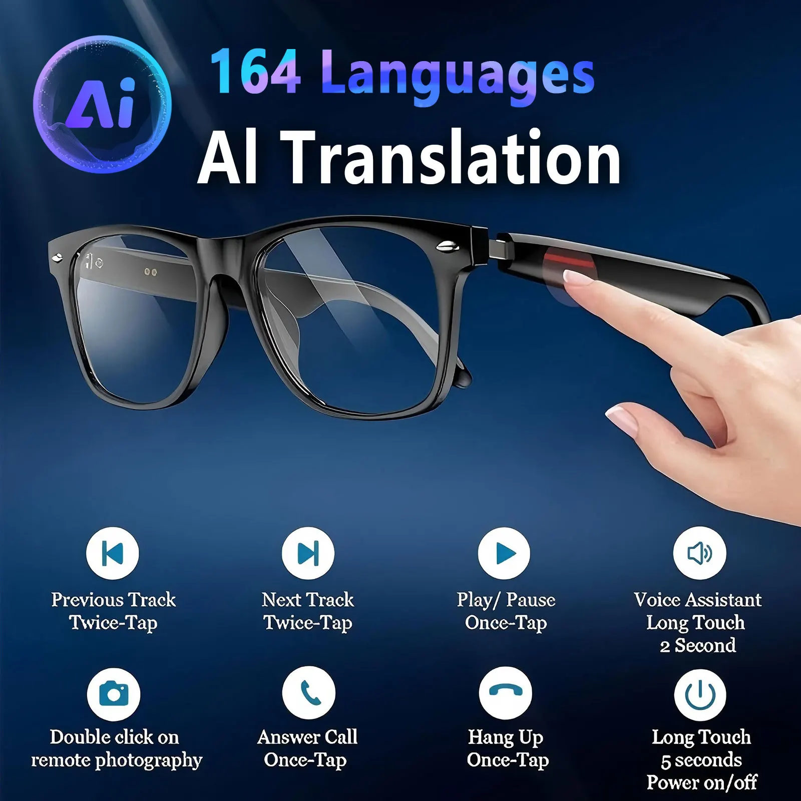 블루라이트 차단 렌즈가 장착된 스마트 AI 번역 안경, 164개 언어 실시간 앱 번역 지원