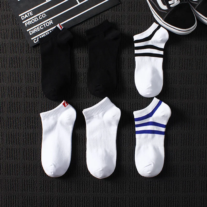 5 Pairs Summer Thin Men Sports Breathable White Black Boat Socks Ins Fashion Sweat-absorbing Ankle Stripes Short Socks