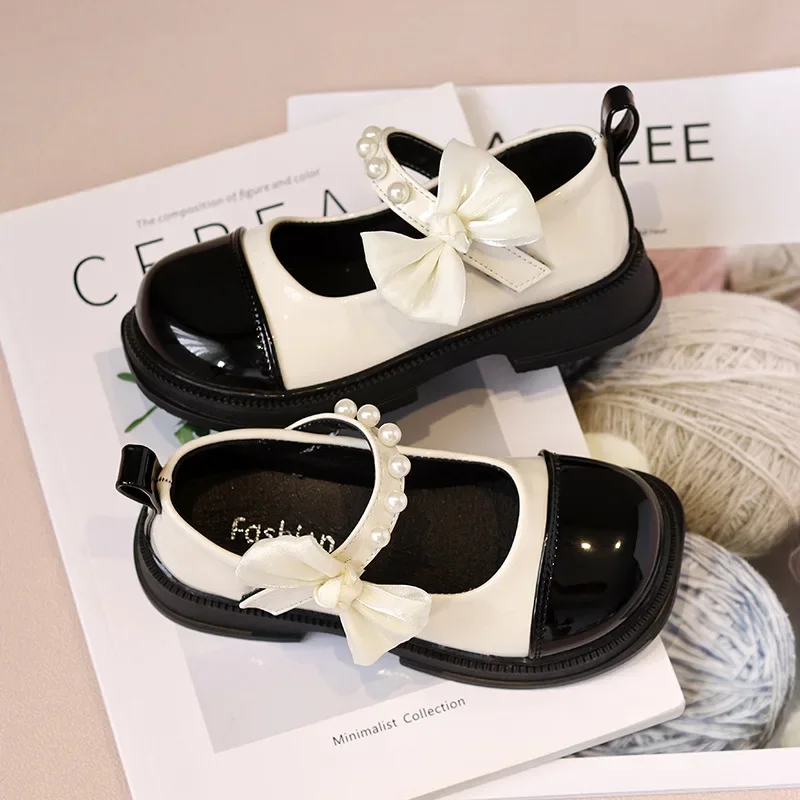 Spring Autumn Children's Flats Fashion Beaded Bow Princess Party Performance Shoes Girl Dress Leather Shoes Kid Mary Jane Shoes