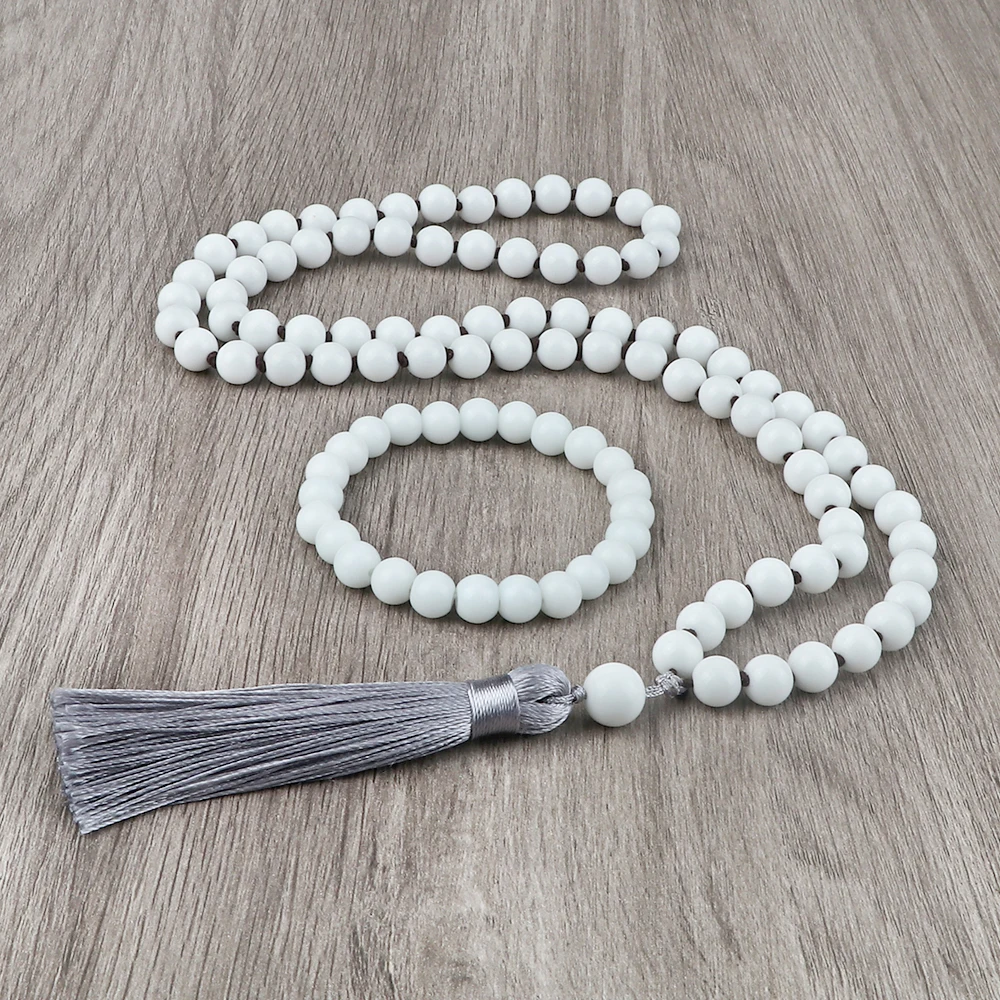 8MM Japamala Natural Shiny White Porcelain Tassel Necklace 80 Beads Charm Handmade Men Bracelet Yoga Meditation Jewelry Set Gift