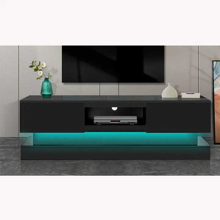 Black TV cabinet with LED lights and large storage space for 65/70 inch LED light color entertainment center TV cabinet