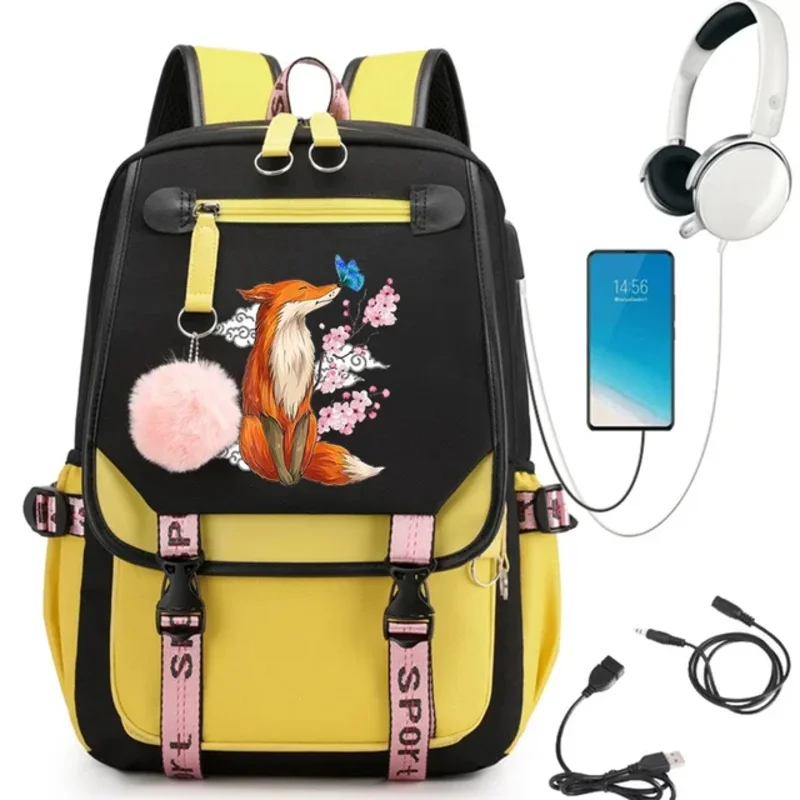 Fox Anime Plecak Torba Dziewczęca Torba szkolna Bagpack Nastolatek Port USB Plecak Kawaii Plecak Laptop Plecaki podróżne Mochila
