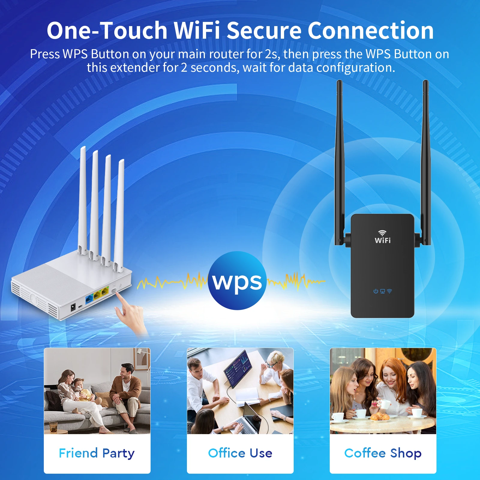 Preto Wireless WiFi Repeater, Range Extender Router, 2x3 Bi Antenas, Amplificador Home, Substituição Plug UE, 300Mbps, 2.4G