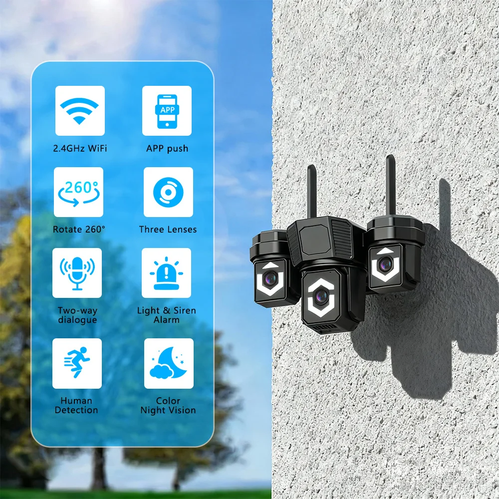 

Камера видеонаблюдения PTZ с тремя объективами и Wi-Fi, обнаружение человека с помощью ИИ, водонепроницаемость IP66
