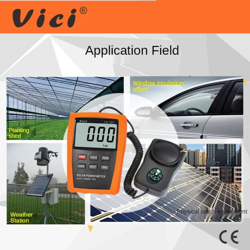 Vici Solar Power Meter LCD BTU Light Radiation Tester Compass Optical Solar Research Glass Light Intensity Data Peak Hold LX107