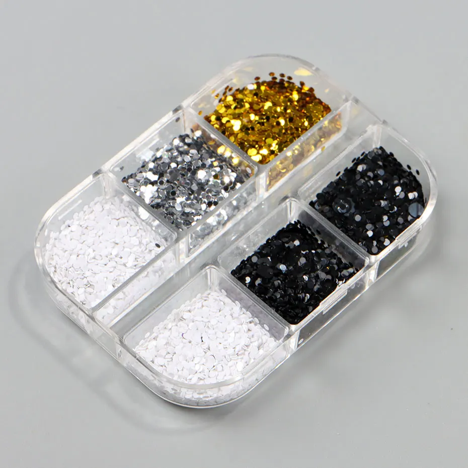 1 กล่อง 6 กริด 3D มินิรอบเล็บเลื่อม Kawaii เกาหลี Black Dot Nail Art Flake Y2K Golden Silvery Shinny Charms อุปกรณ์เสริม
