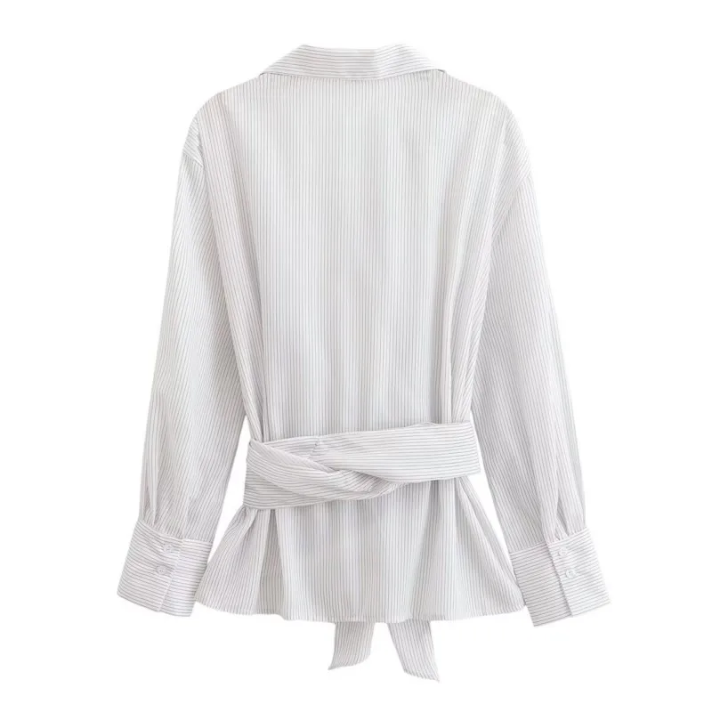 Nouvelles femmes rayé taille sangle chemise col en V à manches longues chemises Double boutonnage réglable noeud papillon femme chemises décontractées