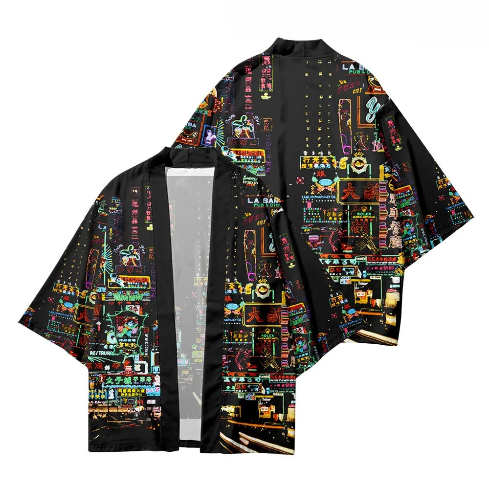 كيمونو الرجال النساء اليابانية التقليدية 3D الطباعة كيمونو سترة النيون نمط قميص كيمونو الصيف الياباني #4