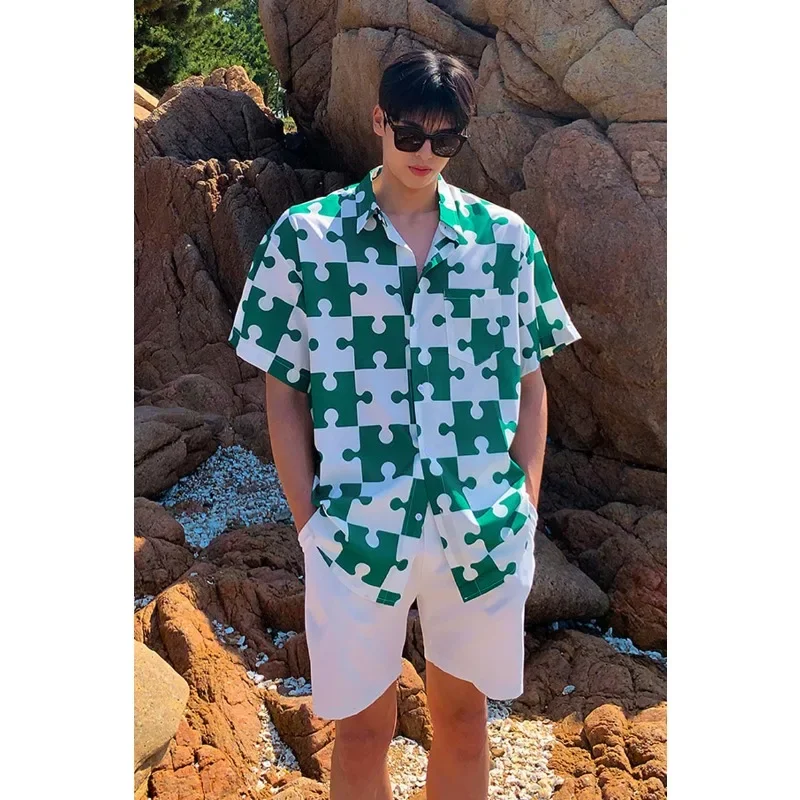 

Korean Version of Men's Loose Checkered Shirt Fashionable, Comfortable and Personalized Puzzle Short Sleeved Top Men Shirt