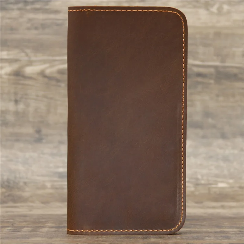 Men's Genuine Crazy Horse Leather Long Wallet Vintage Card Holder Large Capacity Cash Bill Check Ticket Storage Purse
