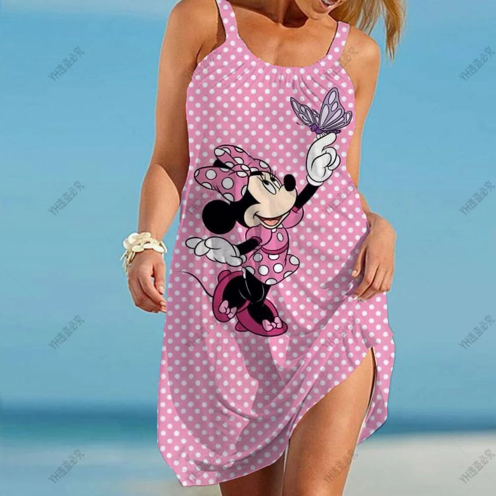 Disney Frauen Sommer Camis Party Strand kleid plus Größe neue Kiefern nadel Vintage Träger gekräuselt Mickey Minnie Kleid groß 2024 ﻿