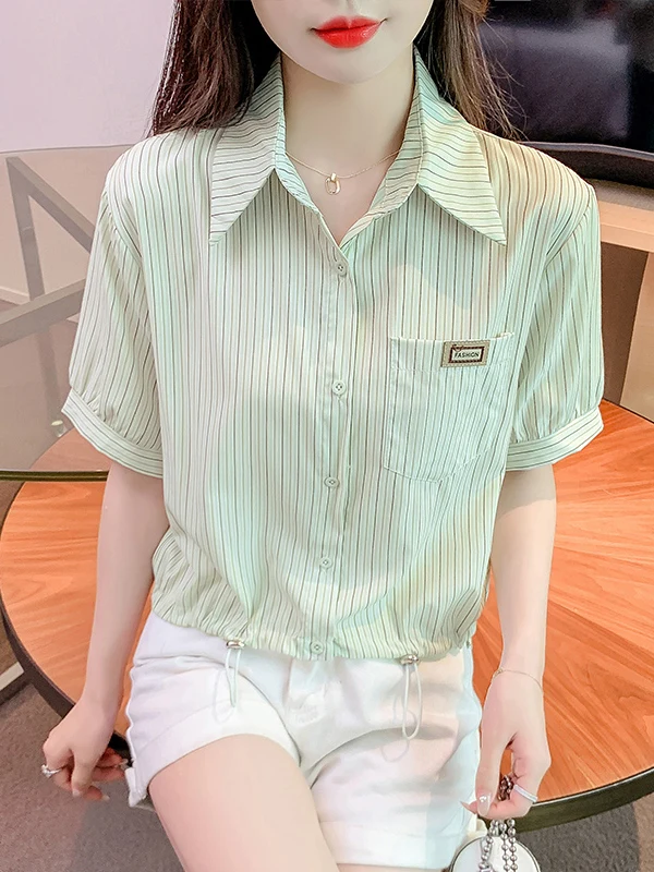 

Стильная женская полосатая футболка с коротким рукавом в корейском стиле, свободного кроя, с завязками, укороченная, модный топ от Fenixuan, коллекция Лето 2025