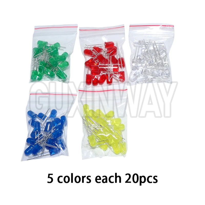 100 шт. 5 мм светодиодный диод F5 Ассорти комплект Белый Зеленый Красный Синий Желтый Оранжевый Розовый Фиолетовый Теплый Белый DIY Светоизлучающий Диод