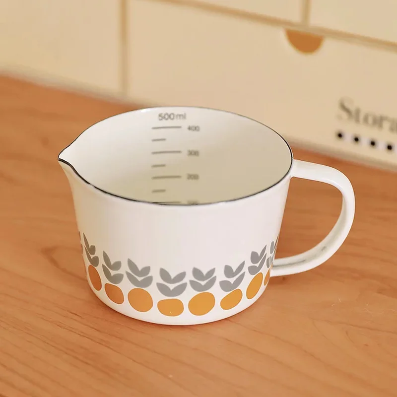 

Old Wheat Japanese Small Fresh Small Orange Enamel Measuring Cup with Scale Home Baking Measuring Cup Milk Cup Coffee Mug