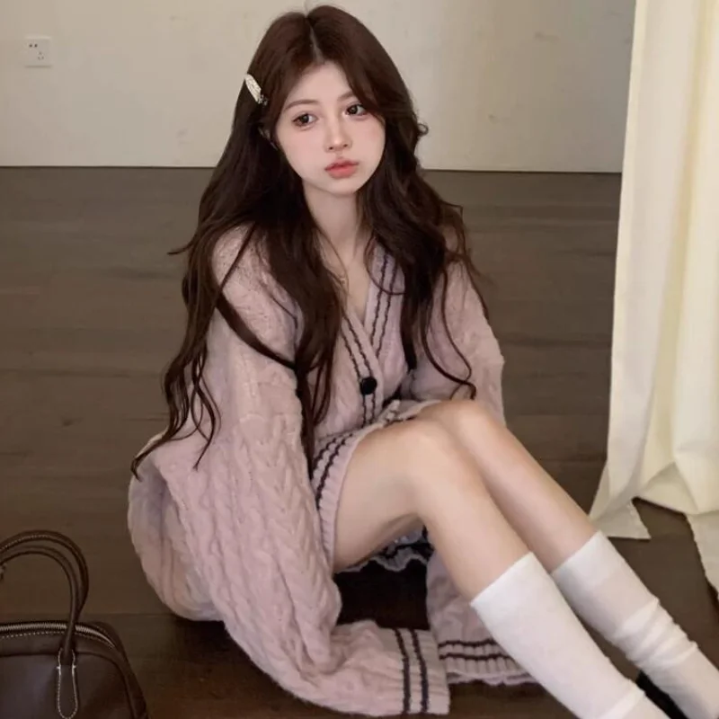 Academy Style Cable Knit Sweater Coat Women Autumn Winter Lazy Mid Long Soft Knitted Cardigan Top Cozy Warm Casual Cardigan