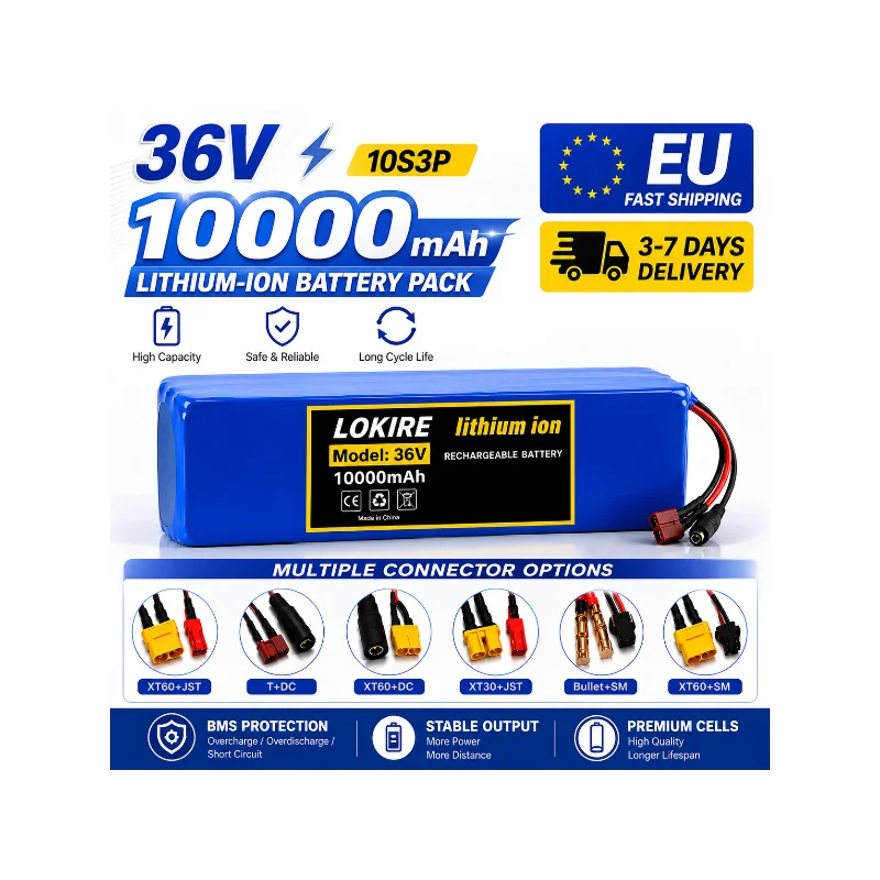 Batterie au lithium 36V 10Ah 10S3P 18650 rechargeable Li-ion pour trottinette électrique, vélo électrique, VTT, batterie de remplacement pour moteur 1000W avec protection BMS intelligente, haute capacité, longue autonomie, alimentation électrique, stock UE, livraison rapide