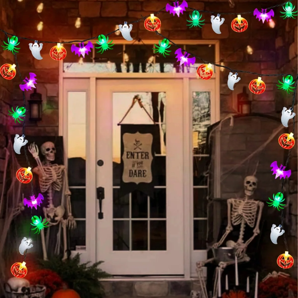 1PC LED Halloween Solar 3D Pumpkin Bat Ghost Spider String Lights With 8 Lighting Mode Outdoor Waterproof Atmosphere Lamp