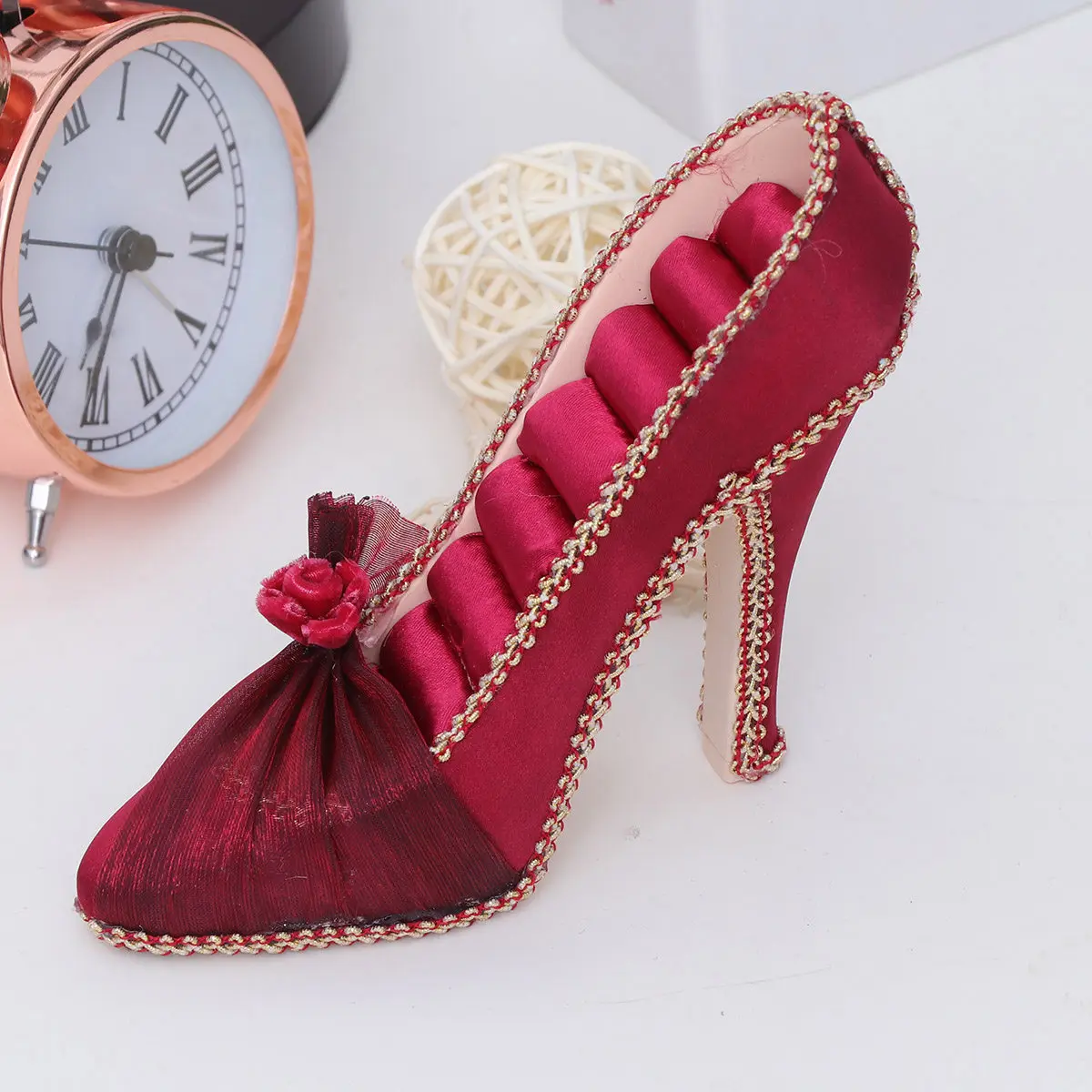 

Stylish High-Heel Jewelry Organizer Display Stand for Earrings Rings Pendants with Ample Storage Space Wine Red