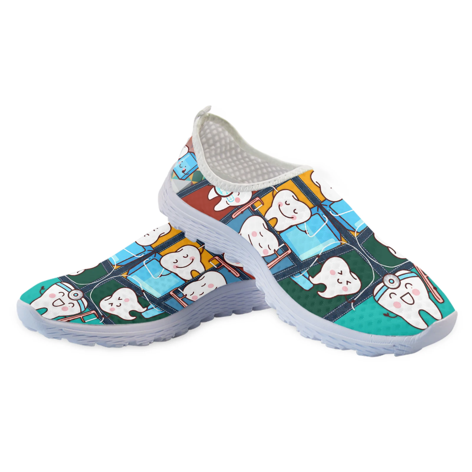 Funny Cartoon Teeth Print Women Summer Mesh Shoes White Soft Sole Brand Slip On Casual Sneakers Zapatos Planos