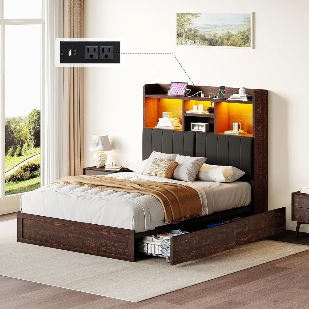 

Full Bed Frame with Bookcase Headboard 4 Storage Drawers Charging Station, Slats Support, No Box Spring Needed，LED Bed Frame