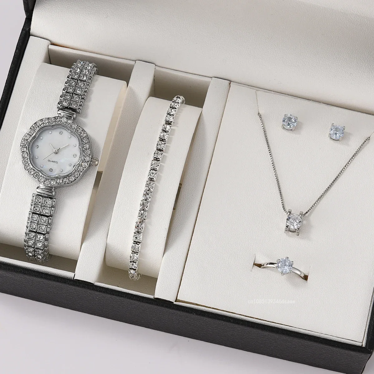 6pcs/set Jewelry Sets Women Quartz Watch Luxury with Stainless Steel Strap Clock Rhinestone Ring Necklace Earrings (no Box)