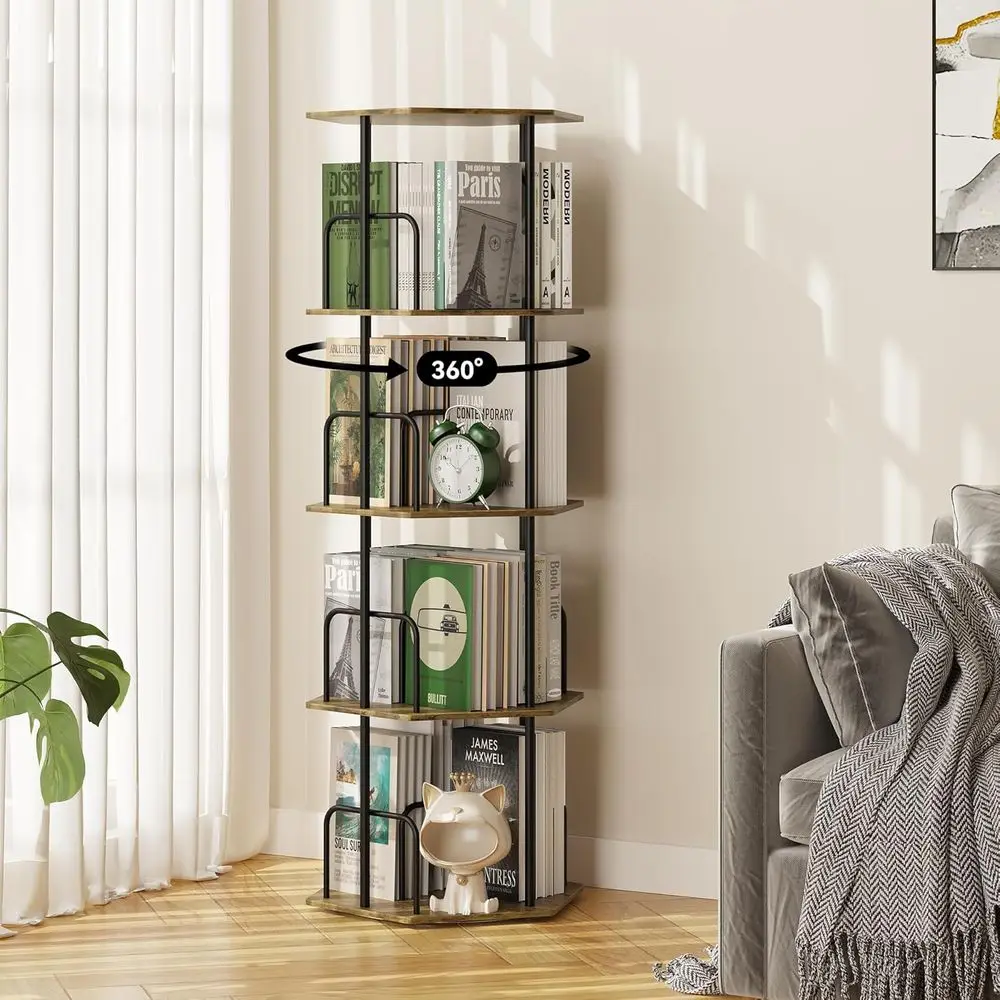 

Hexagonal 4-Tier Revolving Bookshelf, 360° Spinning Storage Carousel for Home and Office