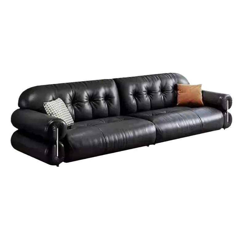 

French retro, brown sugar cloud living room small apartment sofa, straight row Italian light luxury, high leather sofa