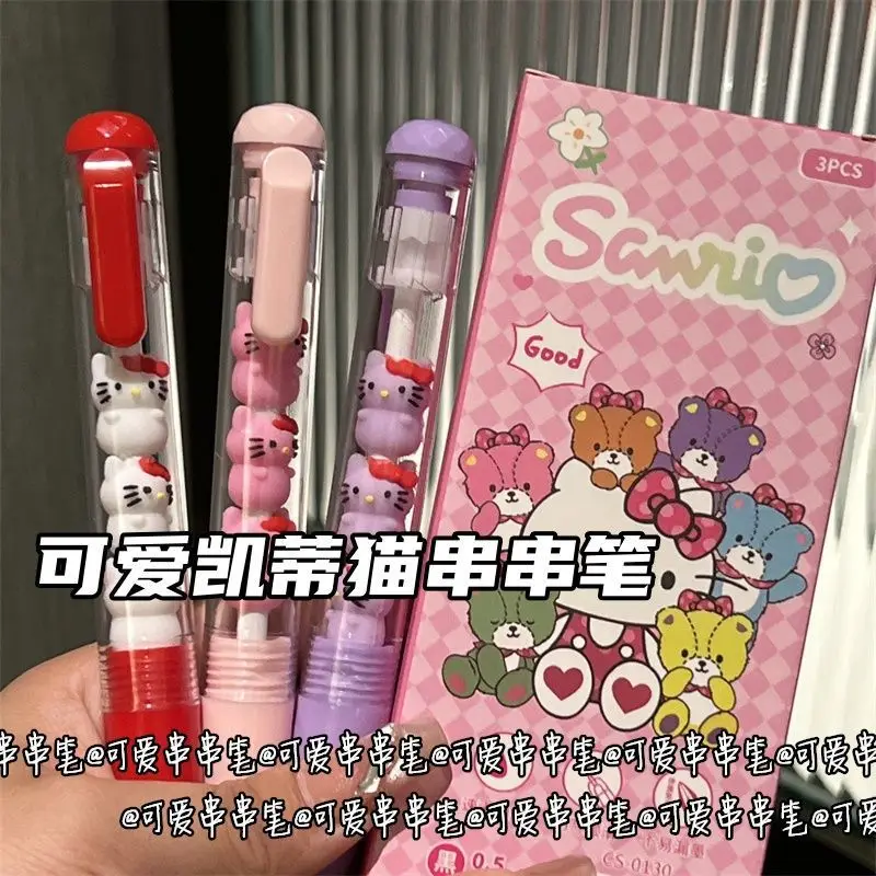 Juego de bolígrafos de Gel Sanrio Hello Kitty, 3 uds., Sanrio, 0,5 Mm, personalidad negra, Ins Wind Fun, bolígrafo de descompresión, papelería para estudiantes